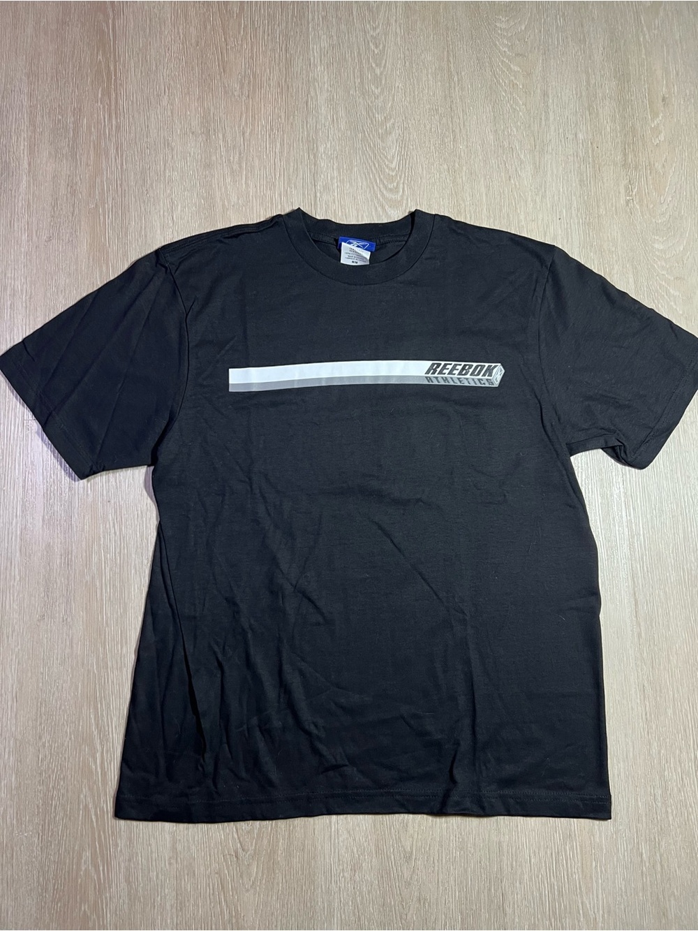 Reebok Men’s Medium Black Short-Sleeve Tee with White and Gray Chest Stripe